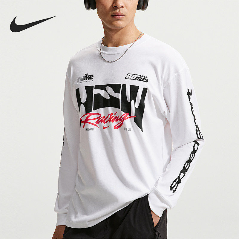 Nike耐克2026年新款男子长袖T恤白色字母印花街头运动风休闲上衣