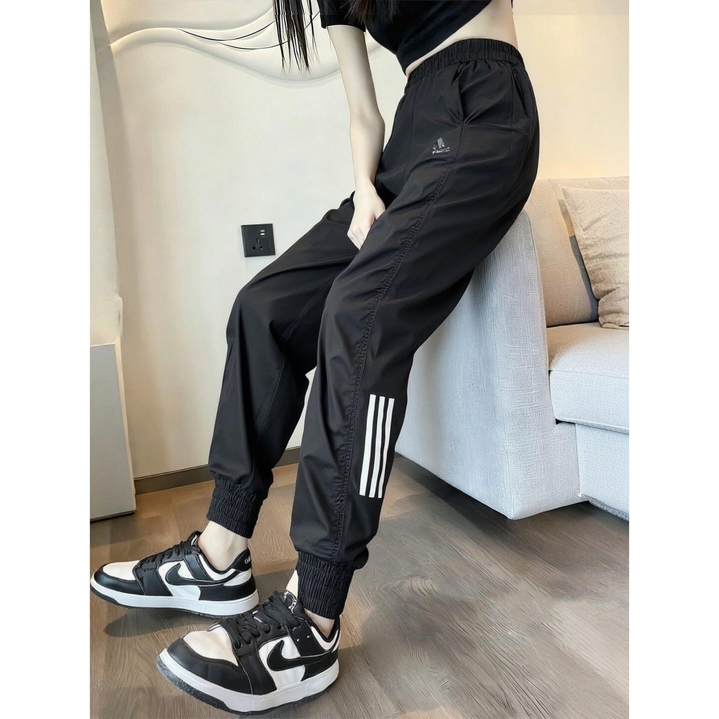 阿迪达斯哈伦裤子女薄款黑色宽松运动裤跑步健身束脚速干休闲裤