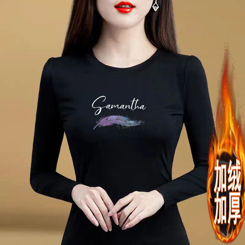 纯棉修身圆领t恤女士加绒加厚女装新款长袖上衣洋气内搭打底衫