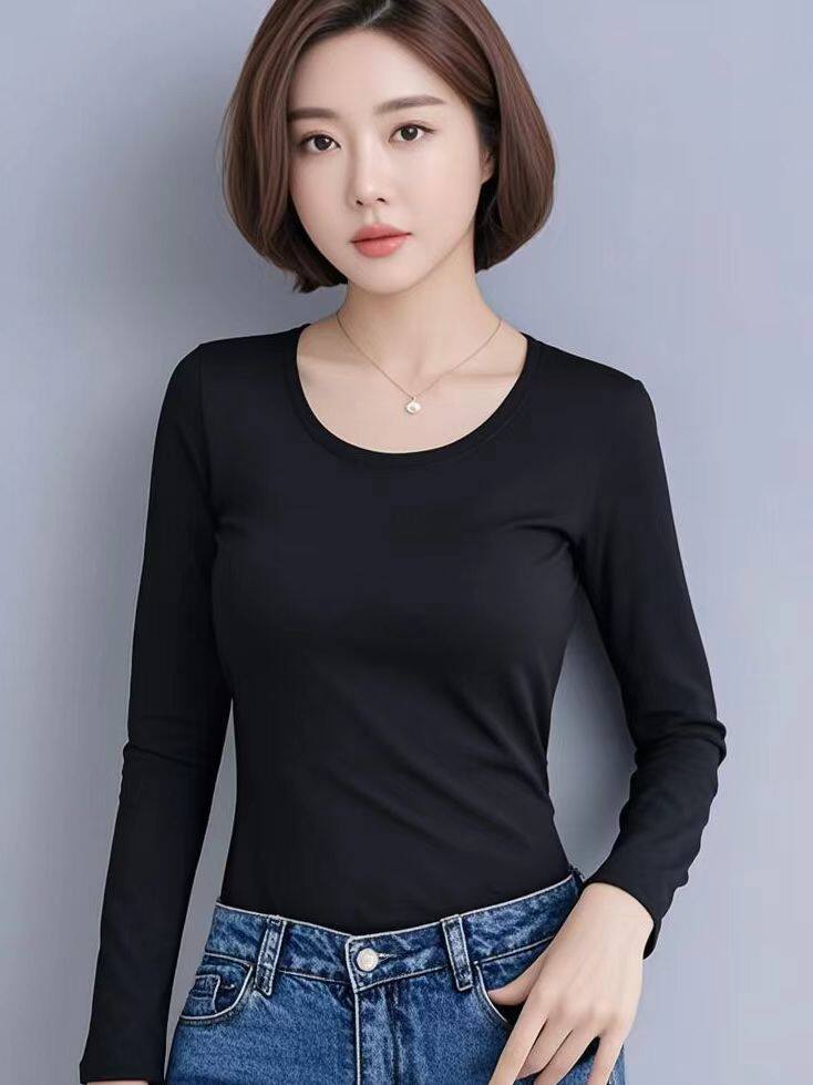 黑白色纯棉打底衫女韩版修身长袖t恤内搭秋衣百搭纯色上衣春秋装