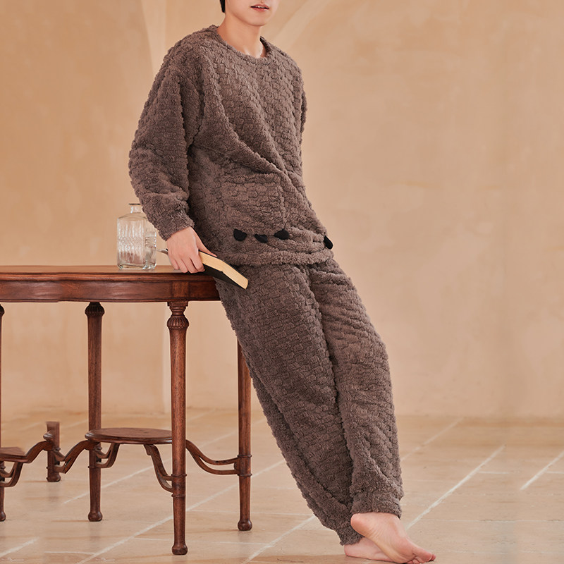 秋冬季睡衣男珊瑚绒加绒可外穿大码套头套装法兰绒保暖加厚家居服