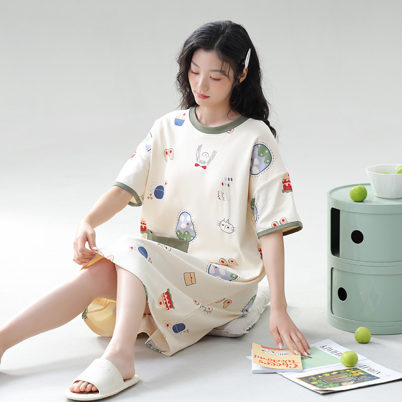 纯棉睡裙女带胸垫夏季薄款宽松休睡衣/家居服套装