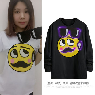 爱情公寓同款魔术贴长袖T恤表情曾小贤陈赫同款墨镜胡子衣服秋款
