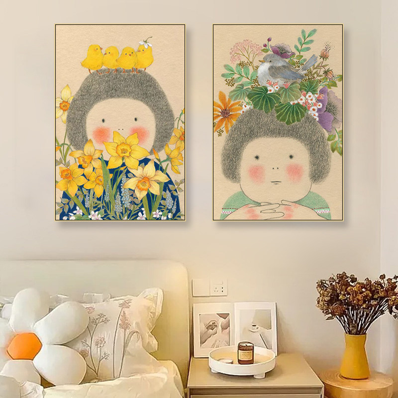 卡通花卉女孩装饰画治愈系家居挂画客餐厅儿童房卧室ins风壁画
