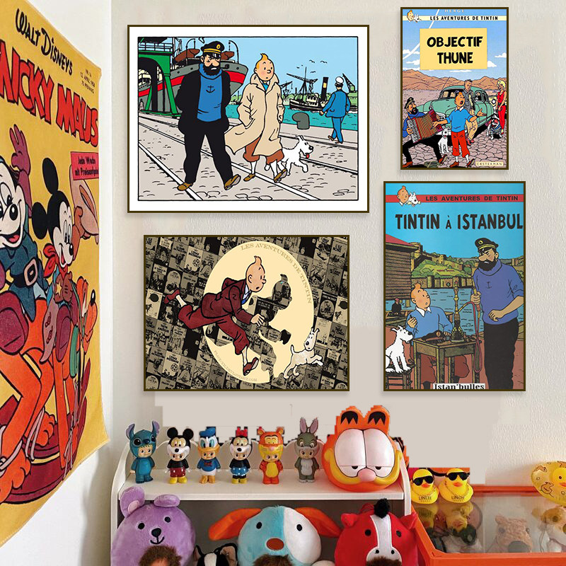 丁丁历险记挂画儿童房卡通动漫装饰画海报风美式客厅沙发墙壁画