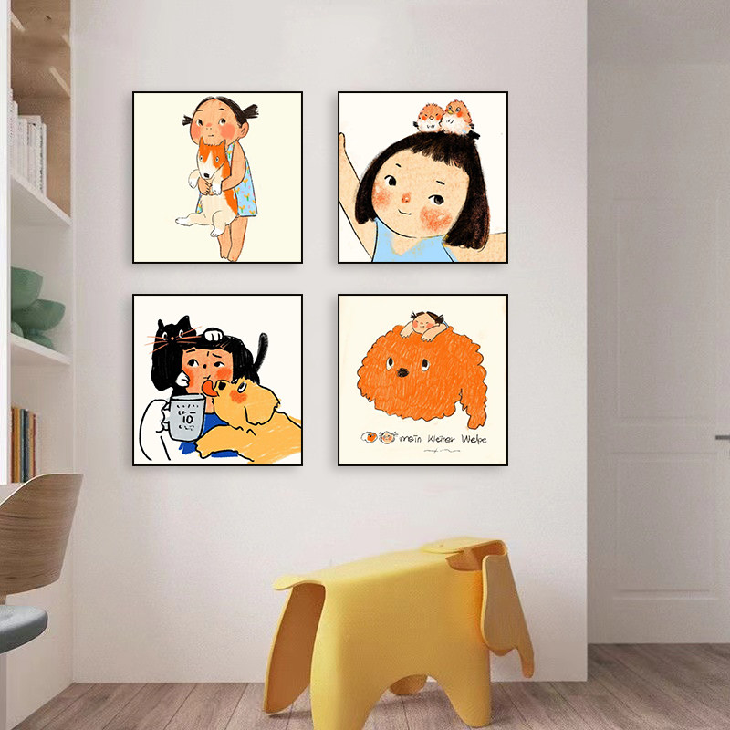 现代简约插画装饰画儿童房女孩卧室趣味多巴胺动物卡通挂画艺术画