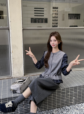 TSPL25862秋季新款洋气小个子针织拼接休闲长袖衬衫女假两件上衣