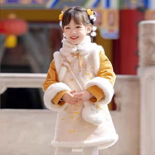 女童连衣裙汉服冬装女宝宝周岁礼服加厚拜年服儿童旗袍裙新年衣服