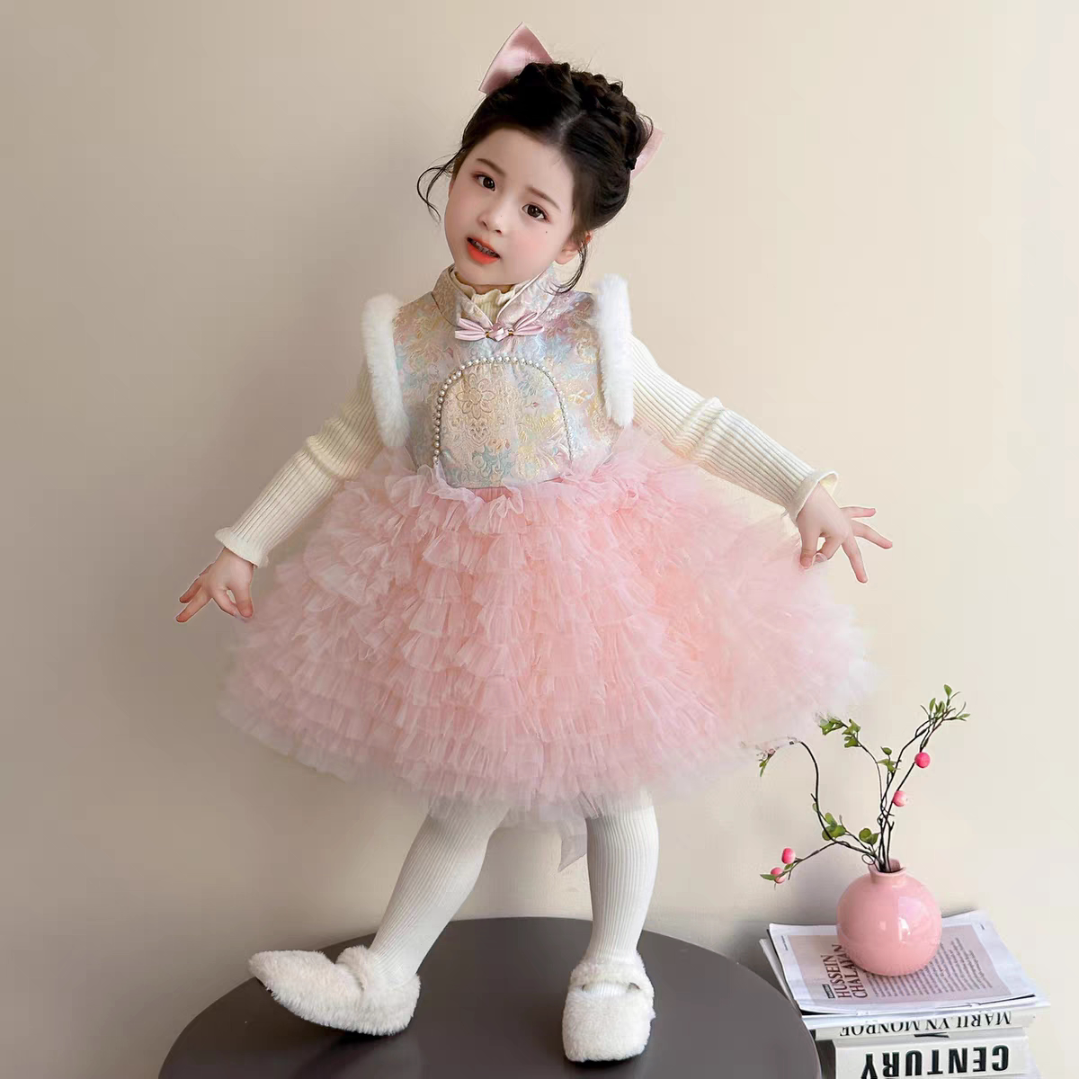 女童汉服连衣裙春秋冬季儿童国风加绒旗袍唐装宝宝周岁礼服拜年服