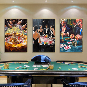 棋牌室装饰画德州扑克俱乐部美式油画风挂画会所麻将馆赌场壁画