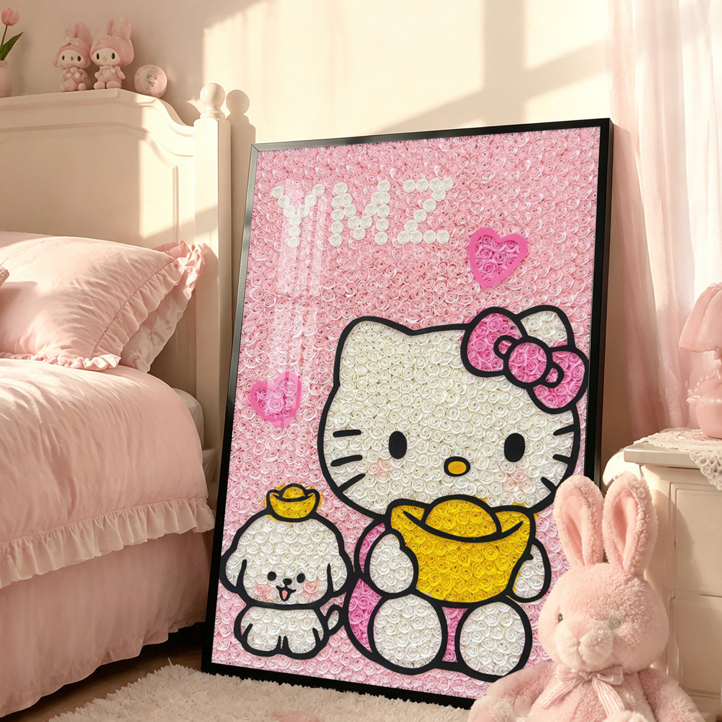 甜美粉色哈喽玫瑰kitty猫挂画粉色少女心壁画卡通凯蒂猫卧室挂画