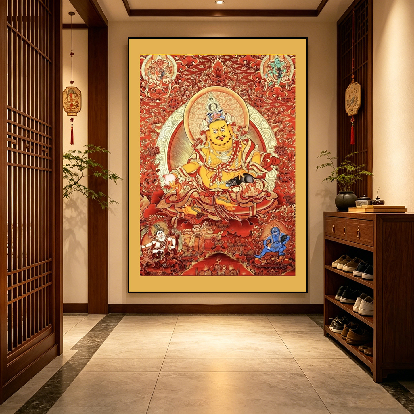 热贡红唐黄财神唐卡挂画藏传五路现代装饰画