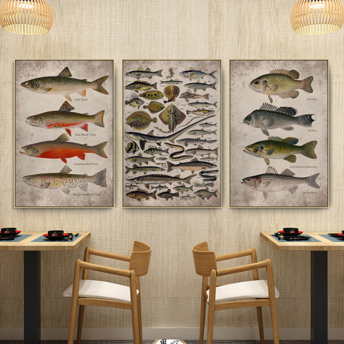 鱼类标本挂画渔具店钓鱼俱乐部鱼竿路亚鱼饵壁画海鲜鱼类餐厅壁画