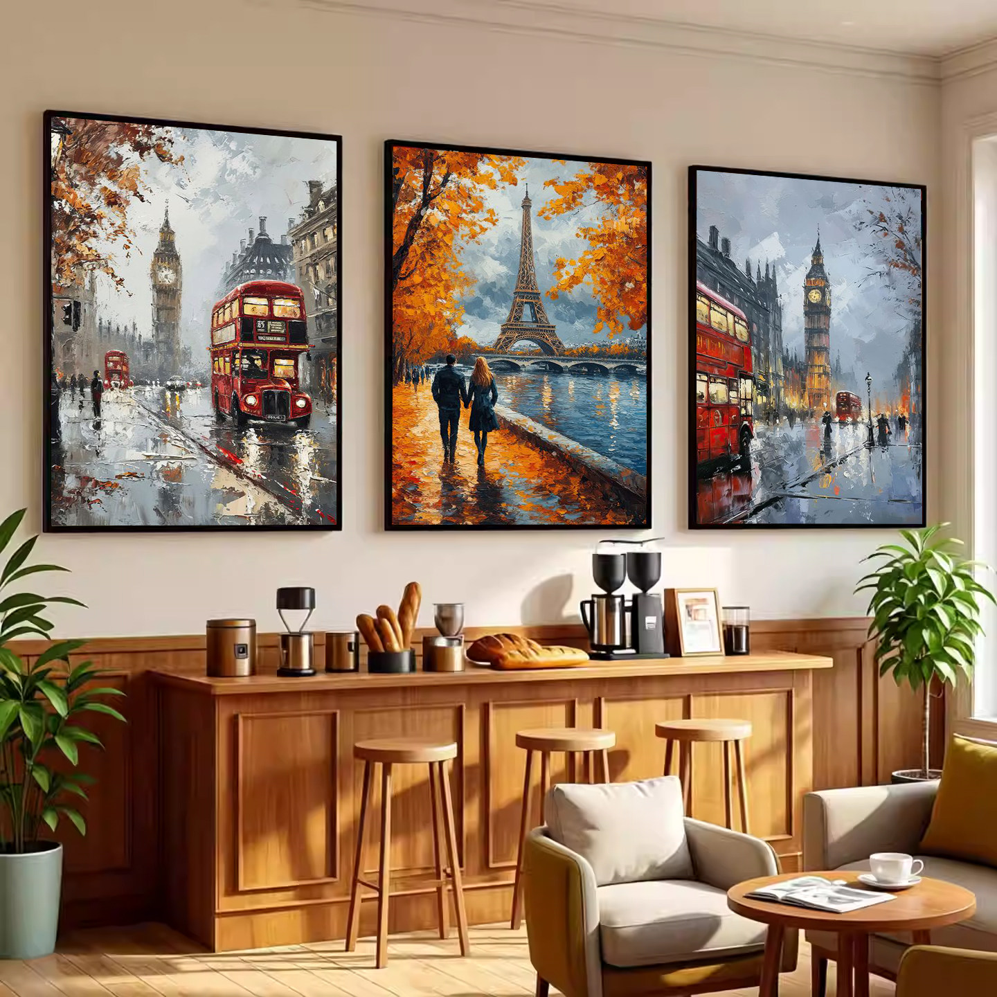 巴黎街景建筑装饰画客厅餐厅咖啡馆酒店挂画埃菲尔铁塔大本钟壁画