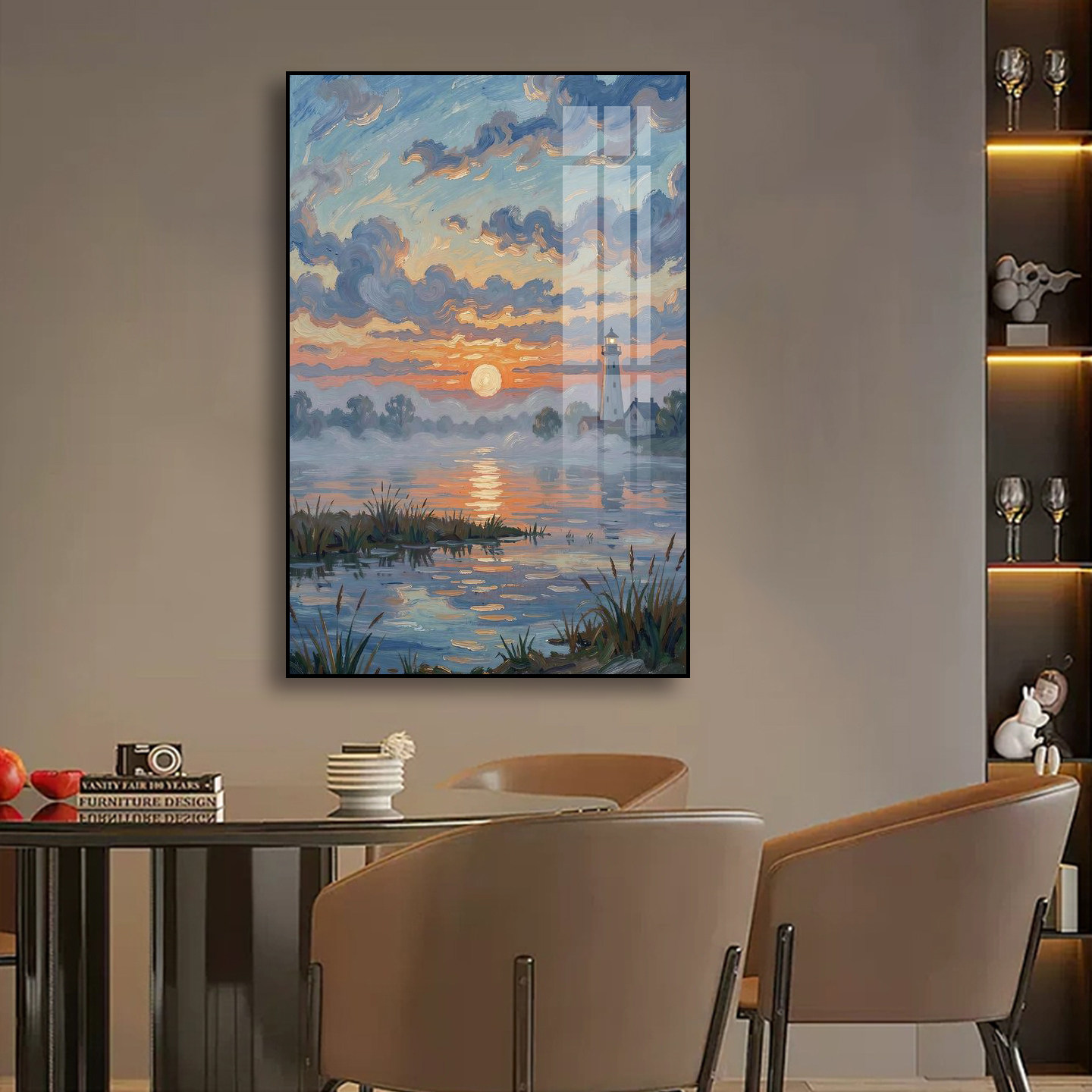 莫奈风日落海景油画装饰画治愈海边小船帆船风景挂画玄关客厅壁画