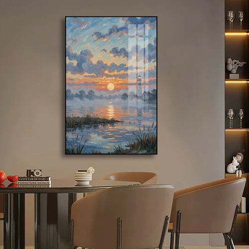 莫奈风日落海景油画装饰画治愈海边小船帆船风景挂画玄关客厅壁画