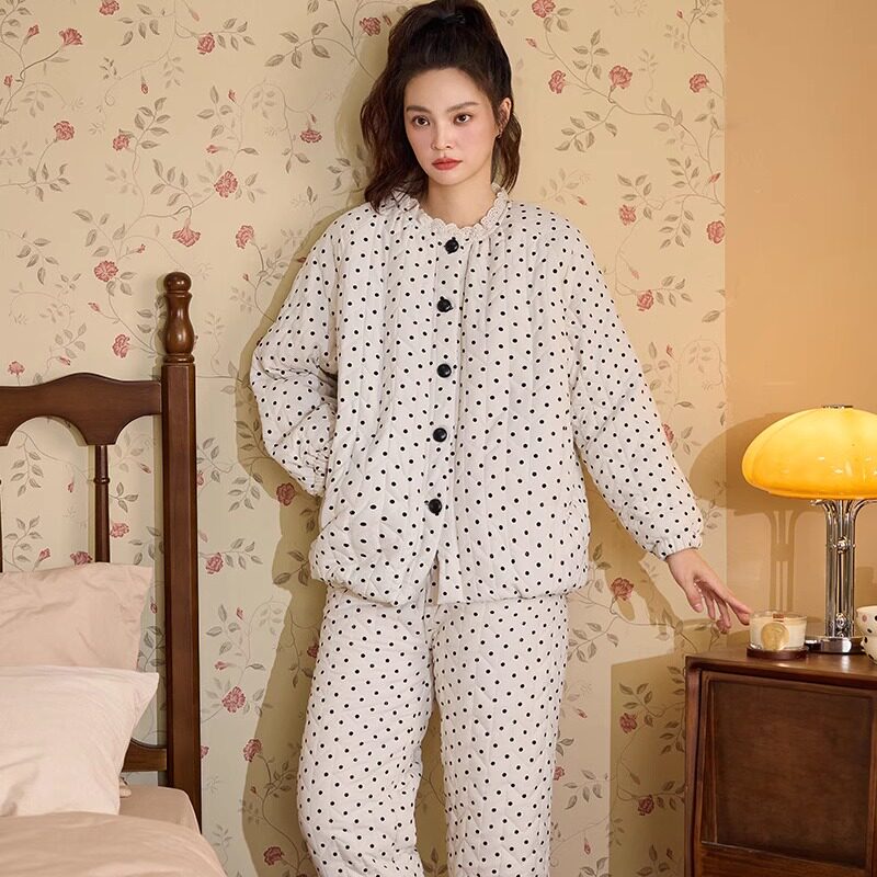 【三层夹棉】加厚波点印花圆领绗棉复古睡衣女家居服两件套装,女士内衣/男士内衣/家居服,睡衣/家居服套装,淘宝优惠券,粉丝福利购,淘宝优惠卷