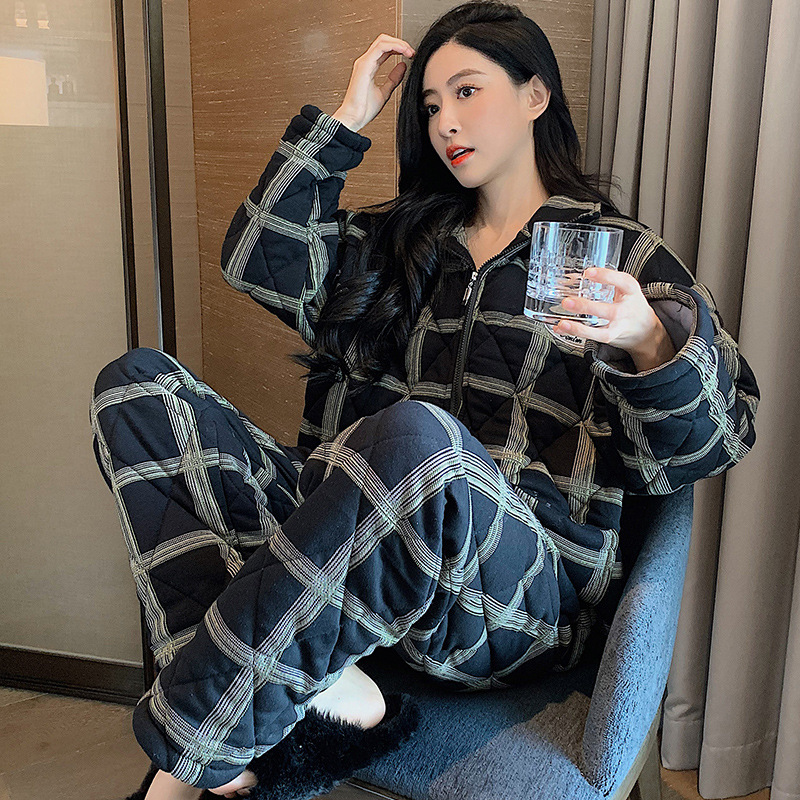 【纯棉三层夹棉】冬季超厚加棉加绒棉袄保暖家居服可外穿套装女