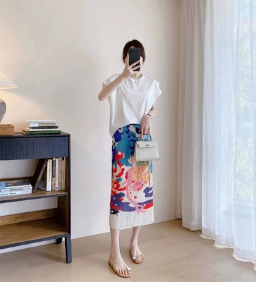 三宅水墨印花小众设计感褶皱半身裙女夏季百褶包臀开叉高腰a字裙