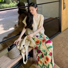 三宅重工压褶皱褶碎花撞色半身裙女春夏2025新款松紧腰裙子百褶裙