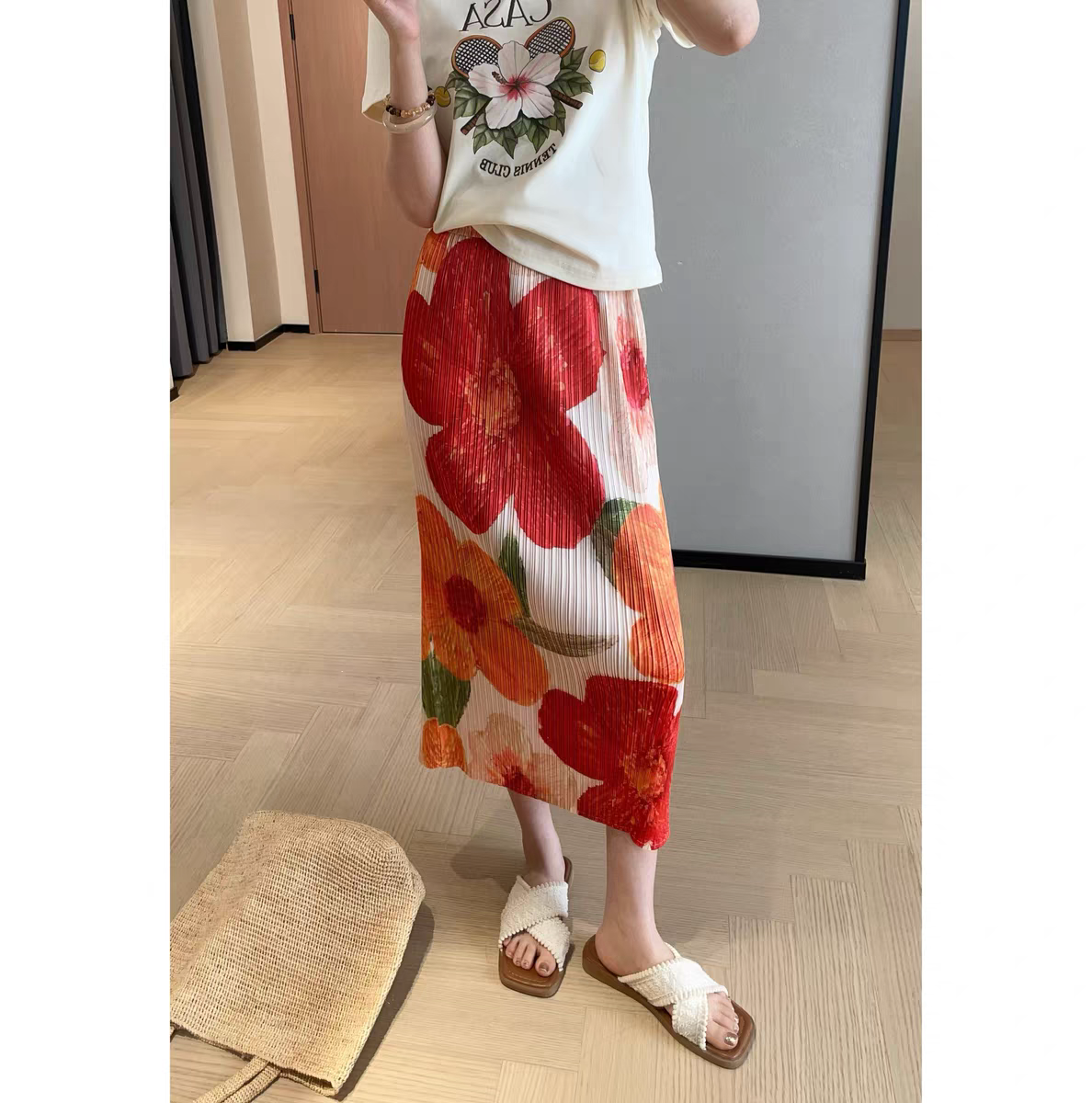 三宅2025年夏季新款半身裙女高腰修身印花清新百搭休闲褶皱中长裙