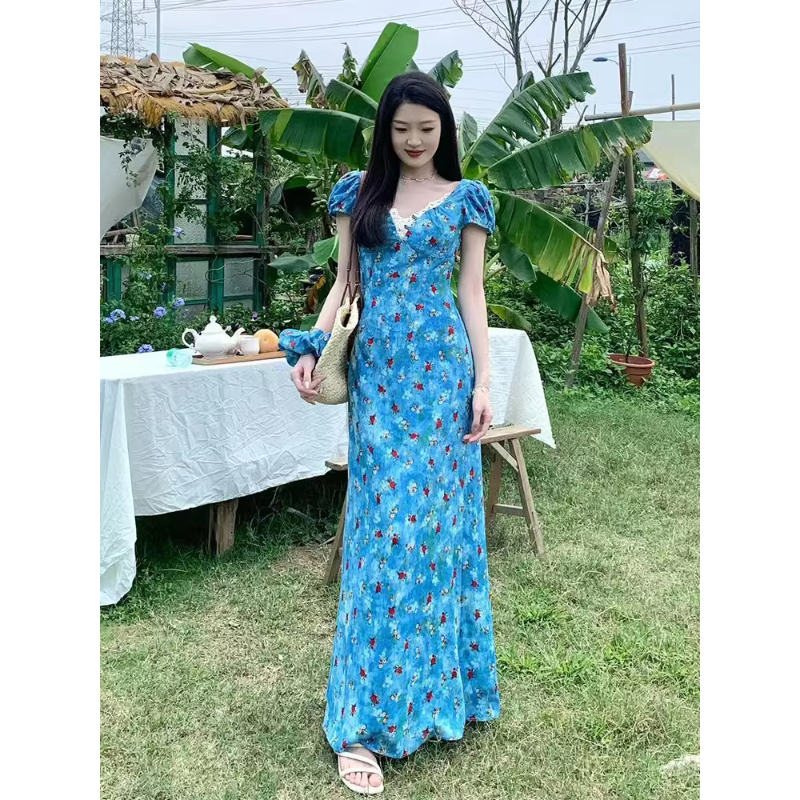 法式海边度假风印花碎花飞飞袖吊带连衣裙长裙子收腰系带女春夏季
