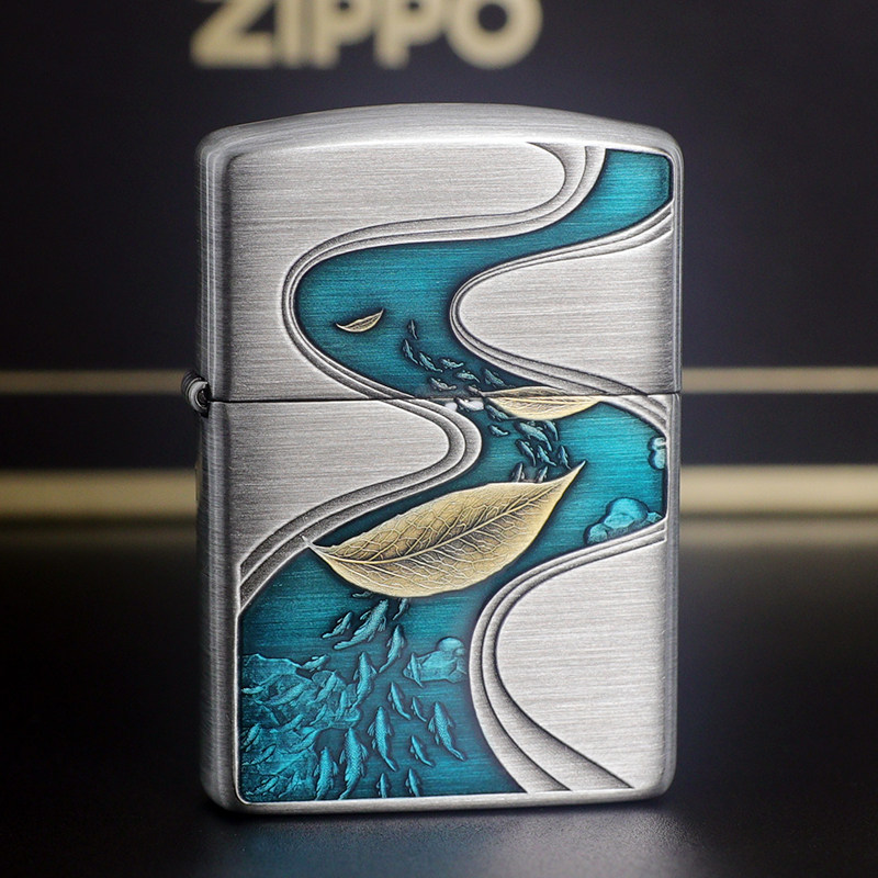 之宝ZIPPO煤油防风打火机加厚盔甲千语古银拉丝一叶轻舟生日礼物