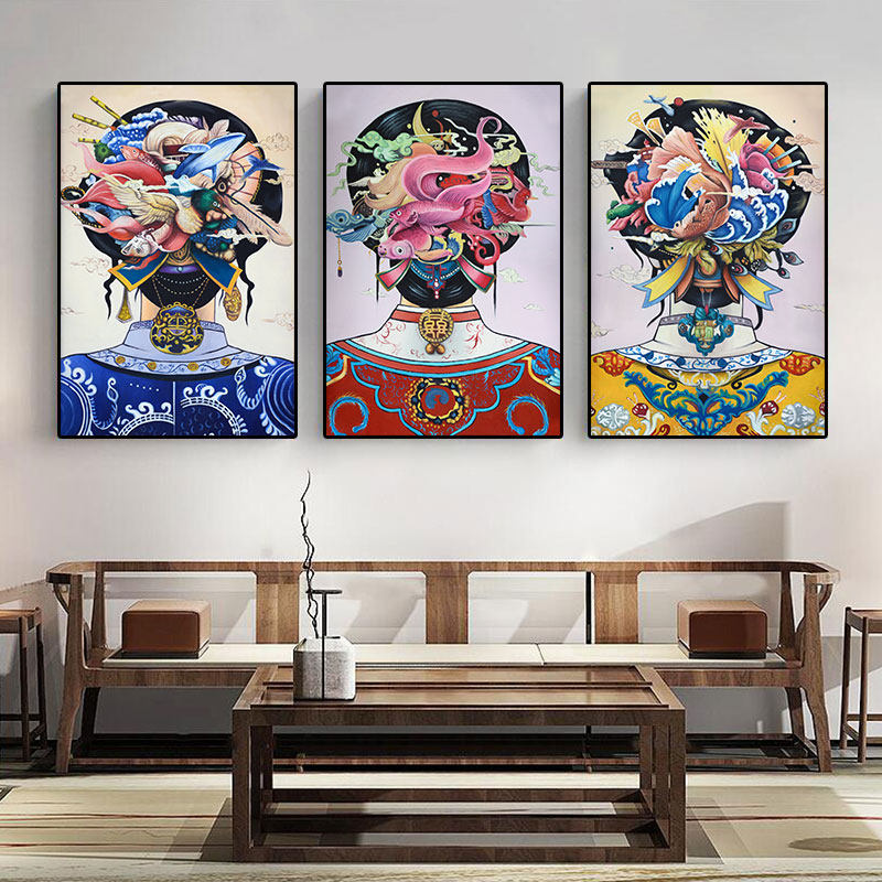 古典复古人物背影装饰画中国风饭店酒楼挂画中式民族风服装壁画