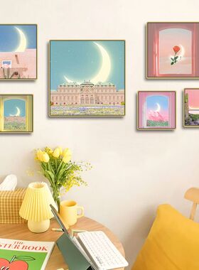 玫瑰花装饰画小众艺术窗外弯月风景壁画玄关客厅儿童房温馨挂画