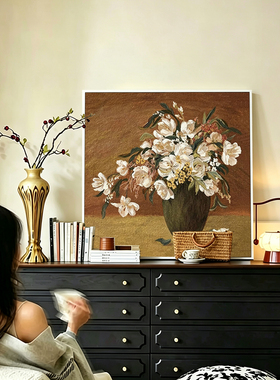 肌理手绘花瓶花朵装饰画复古文艺风挂画餐厅玄关客厅方形墙面画