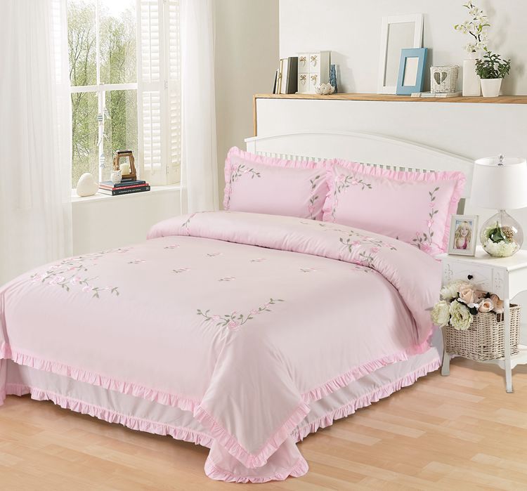 外贸全棉纯棉刺绣绣花粉色韩版1.5m1.8m床上用品裙式被套四件套