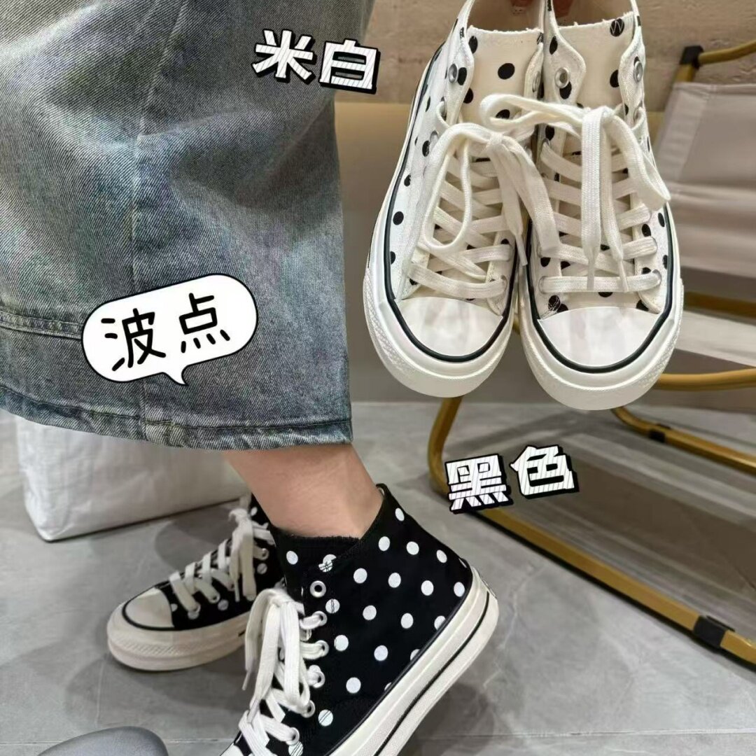 韩版黑色轻便女士波点高帮帆布鞋女米白色系带厚底休闲百搭板鞋