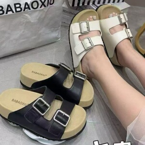 巴宝秀牛皮一脚蹬凉鞋女2026夏款厚底外穿舒适透气双扣带勃肯拖鞋