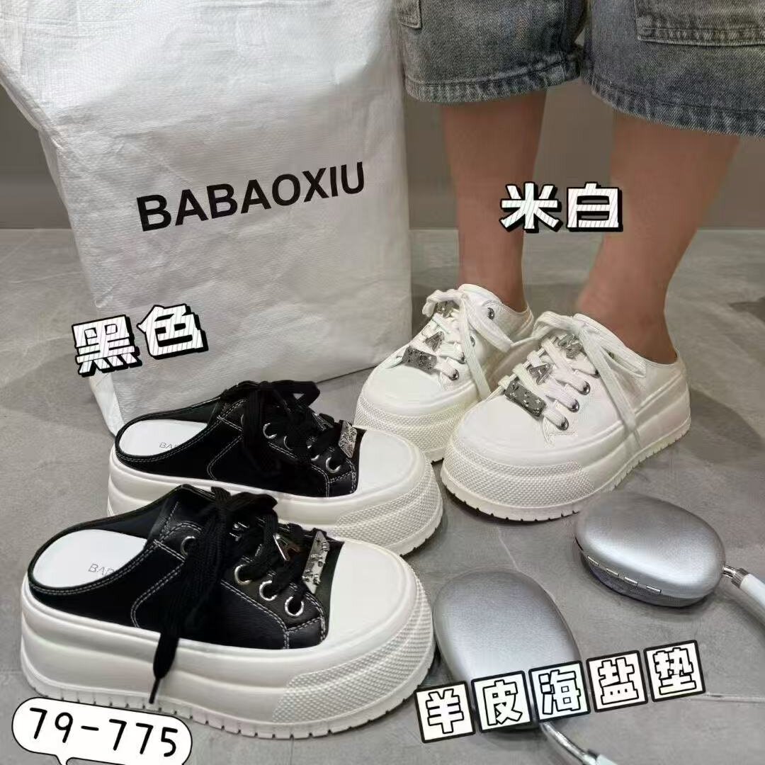 真皮女鞋休闲风厚底增高包头拖鞋女2026春夏新款百搭外穿半拖鞋