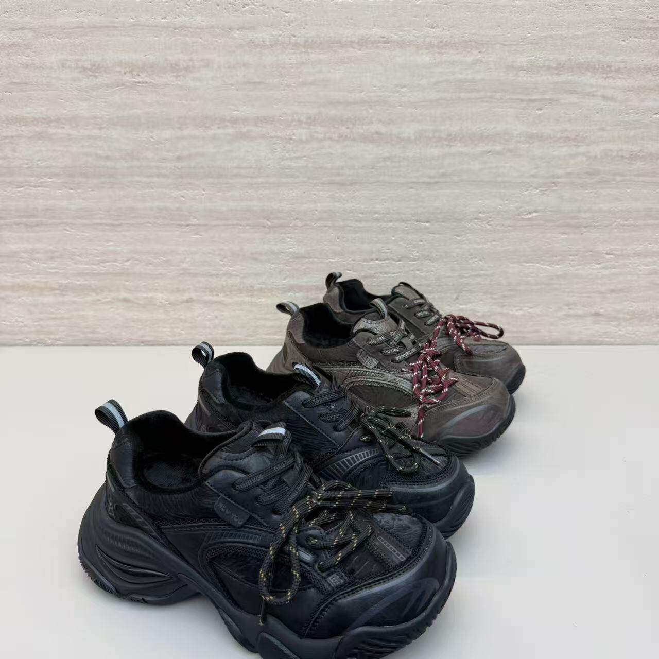 个性小众花式绑带复古风厚底老爹鞋女冬季保暖系带百搭休闲棉鞋轻