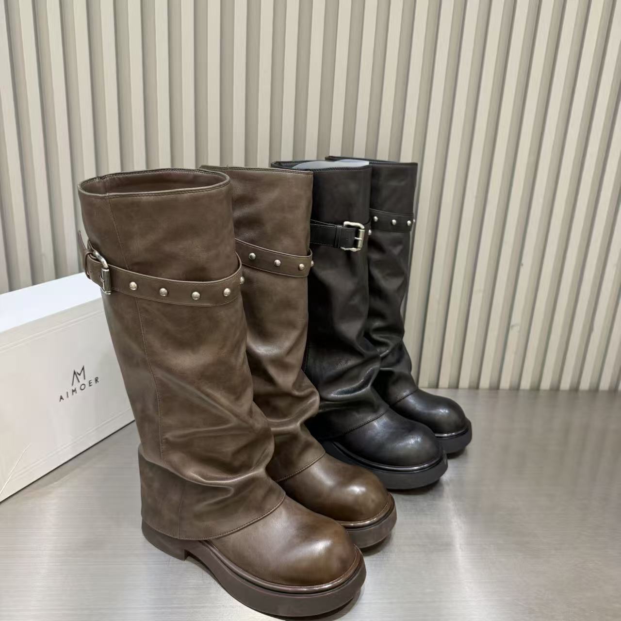 休闲厚底大头高筒靴女秋新款黑色平底显瘦百搭骑士靴瘦瘦靴裤管靴