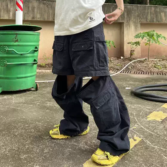 Sun72Bian (in Stock) 23Aw Detachable Pocket Cargo Distressed Loose Work Pants, Same Style as Kanye