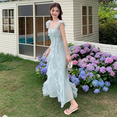 夏款首发 海边度假风茶歇法式褶皱连衣裙 2C122-015-P120-K178