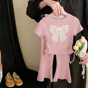 新款女童抽绳短袖喇叭裤套装女宝夏季洋气休闲时髦卡通爆款酷T恤