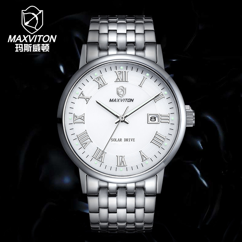 玛斯威顿光能手表男薄款防水夜光精钢带日历时尚全自动机械式男表