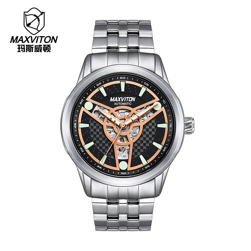 玛斯威顿手表男高级感商务休闲时尚防水全自动镂空机械表男款正品