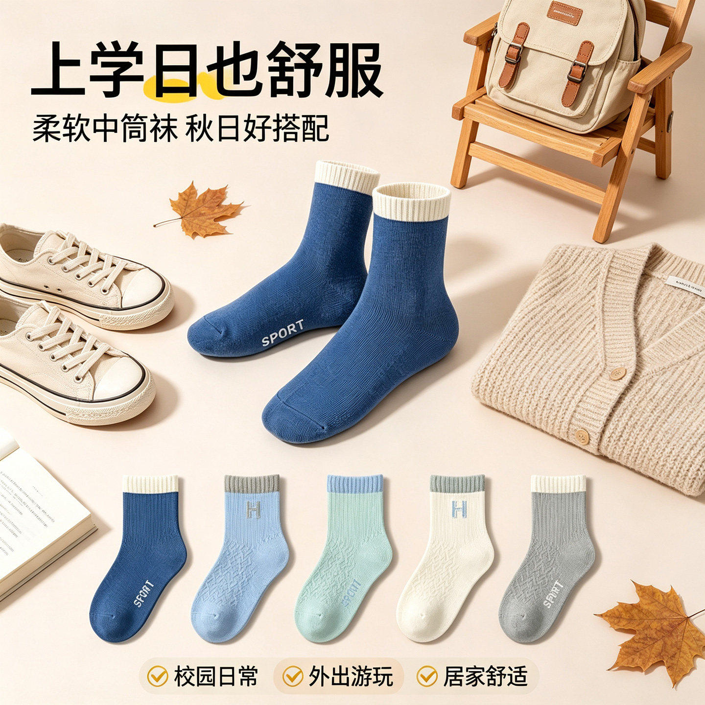 儿童袜子男童秋薄款棉袜中筒