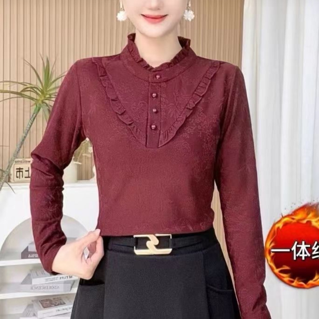 时尚百搭秋冬新款一体加绒上衣洋气中年减龄妈妈装长袖洋气打底衫