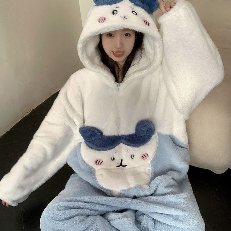 可爱秋冬季珊瑚长袖加厚卡通连体睡衣加绒新款保暖宽松连帽家居服