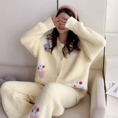 甜美可爱睡衣女秋冬季半边绒毛衣加厚可外穿珊瑚绒保暖家居服套装