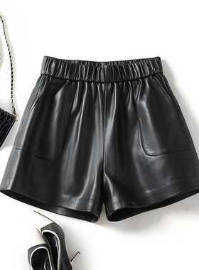 海宁真皮皮裤女短裤高腰绵羊皮宽松阔腿裤2025秋冬新款显瘦皮靴裤