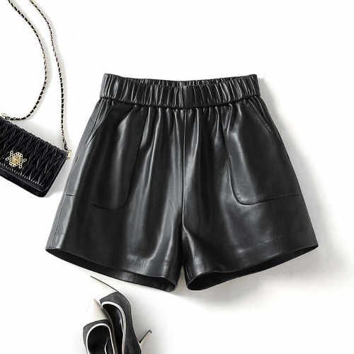 真皮皮短裤女高腰绵羊皮a阔腿裤