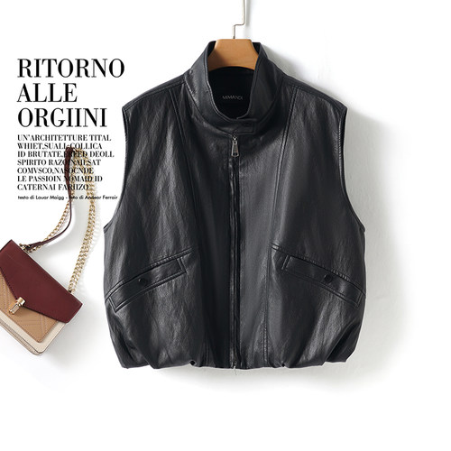 海宁真皮马甲女绵羊皮背心2025新款宽松皮衣无袖坎肩机车马夹外套