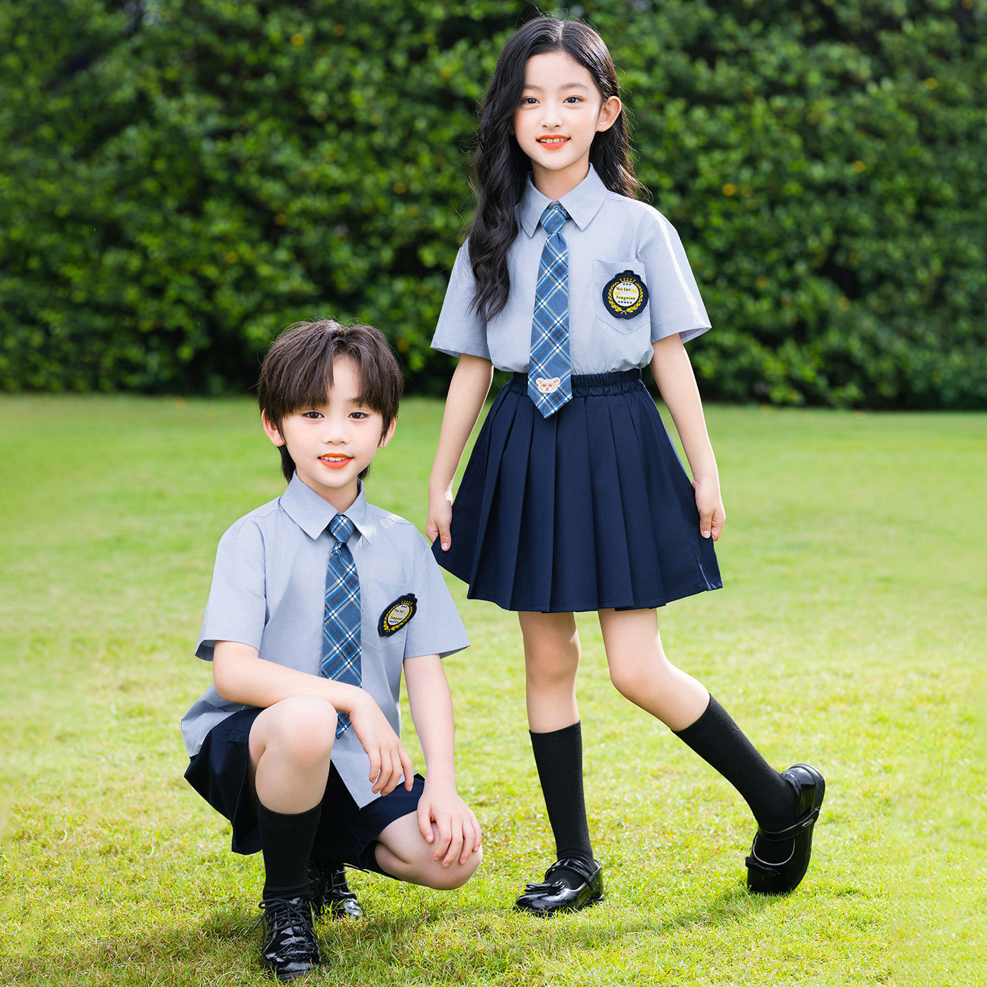 幼儿园园服小学生毕业照班服儿童学院风校服夏装男女童浅蓝衬衫套