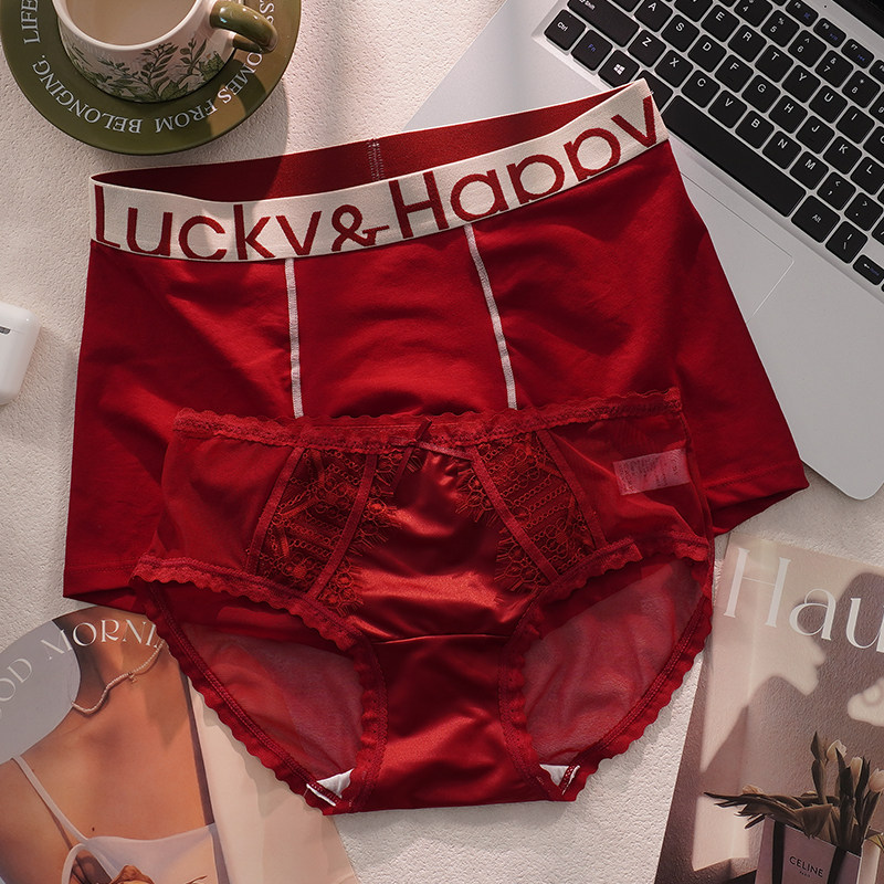 甜米家2条装情侣内裤红色结婚本命年一男一女内衣红裤衩蕾丝套装,女士内衣/男士内衣/家居服,男平角内裤,淘宝优惠券,粉丝福利购,淘宝优惠卷